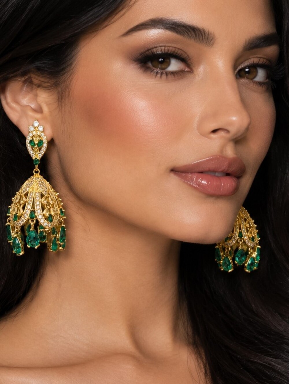 Gold and Emerald Crystal Chandelier Earrings - Women Jewelry
